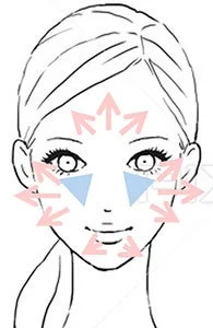 女性の顔のイラストで、顔の中心から外側へ向かう矢印が描かれている