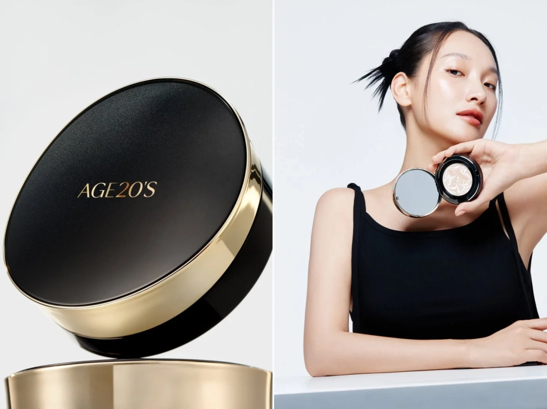 AGE20'Sの黒とゴールドのコンパクトと、開いたコンパクトを持つモデルの女性が写る、化粧品の広告画像です