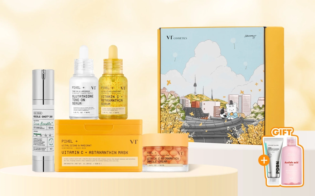 スキンケア製品セットとイラストレーターコラボデザイン