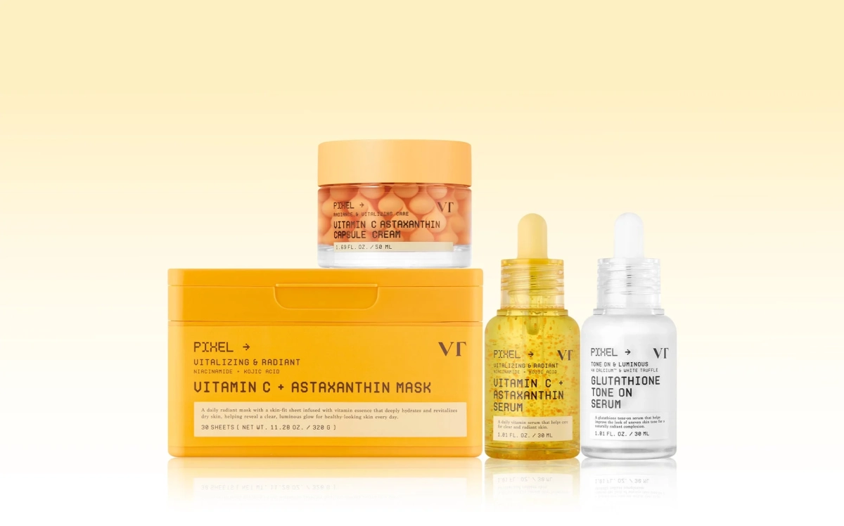 ビタミンCとアスタキサンチン配合のスキンケア製品群