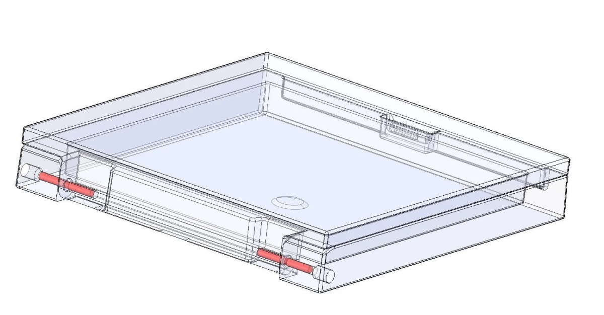 透明な素材でできた長方形の容器のようなオブジェクトの3D CADレンダリング画像