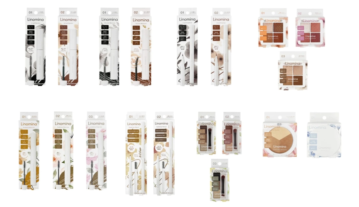 「Linomina」ブランドの様々な種類のコスメ製品が並べられた画像です。ロングマスカラ、ボリュームマスカラ、リキッドアイライナー、アイブロウマスカラ、アイブロウペンシル、アイブロウパウダー、3色アイシャドウ、フェイスパウダーなどが個別のパッケージで紹介されています。