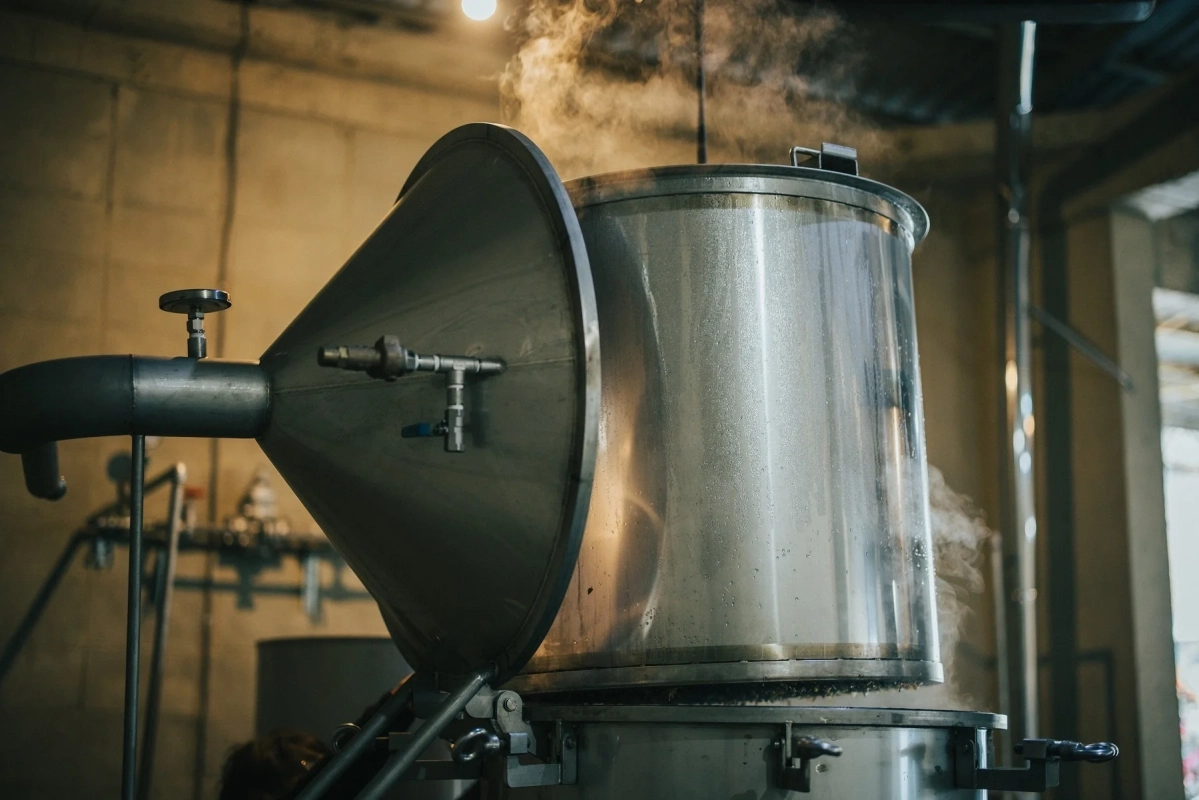 蒸気が立ち上る蒸留器