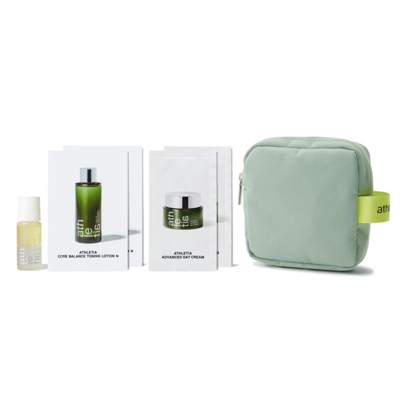 ATHLETIAのスキンケア製品のトライアルセットとポーチ