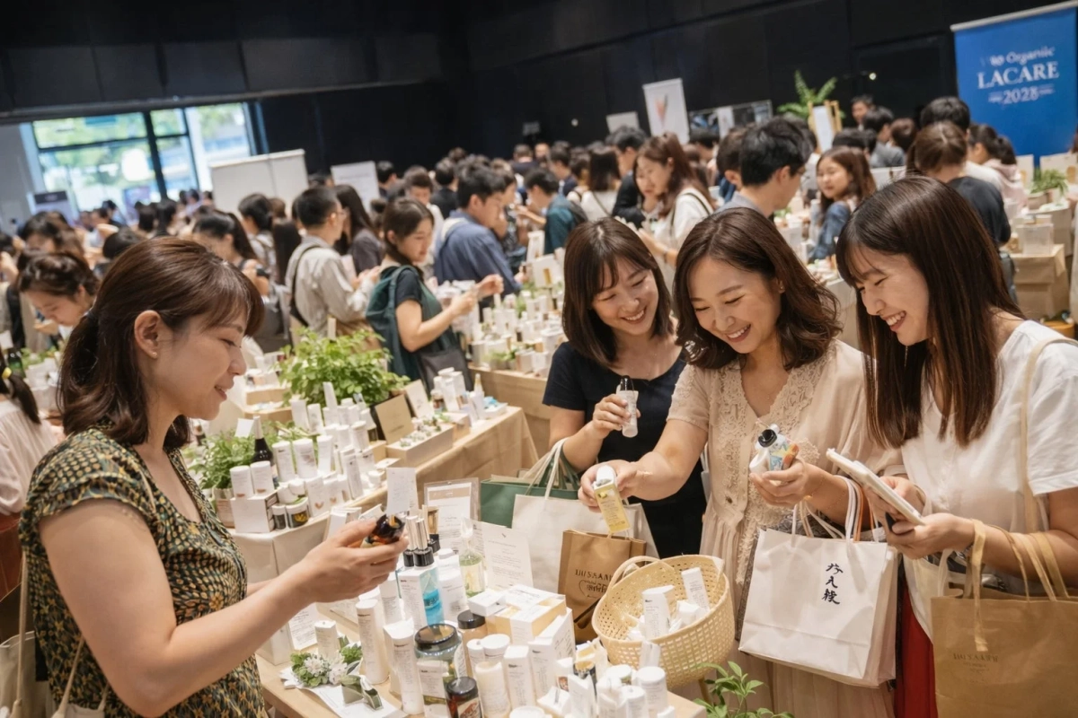 美容やオーガニック製品のイベント会場でショッピングを楽しむ女性たち