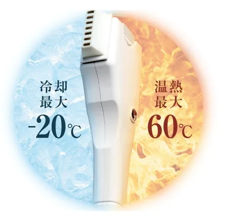 冷却と温熱の両機能を備えた美容機器のイメージです。最大-20℃の冷却と最大60℃の温熱が可能であることを、氷と炎の背景で視覚的に表現しています。温度調節機能を持つ美容家電の特徴を伝える画像です。