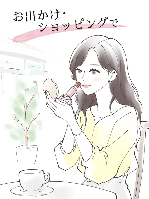 カフェで化粧直しをする女性のイラスト