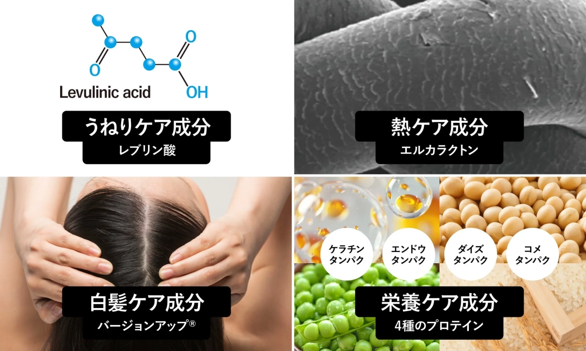 Levulinic acid うねりケア成分 レブリン酸 熱ケア成分 エルカラクトン 白髪ケア成分 バージョンアップ® ケラチンタンパク エンドウタンパク ダイズタンパク コメタンパク 栄養ケア成分 4種のプロテイン