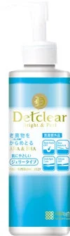 Detclear Bright & Peelのジェリータイプ洗顔料。AHAとBHAで老廃物を絡め取り、肌に優しい処方。無香料、無着色、アルコール・鉱物油フリーで敏感肌にも使えます。