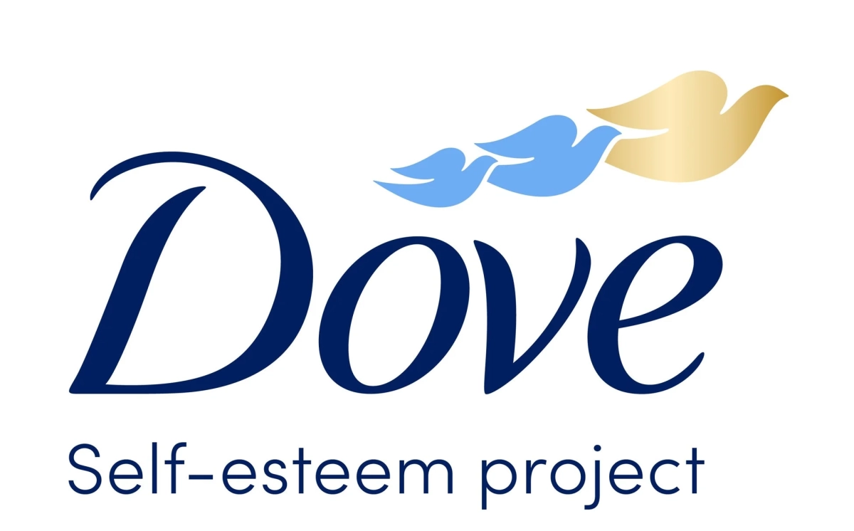 白い背景に「Dove」のロゴと「Self-esteem project」の文字が配置されています。ロゴの上には3羽の鳩が飛んでおり、ブランドの象徴的なデザインです。
