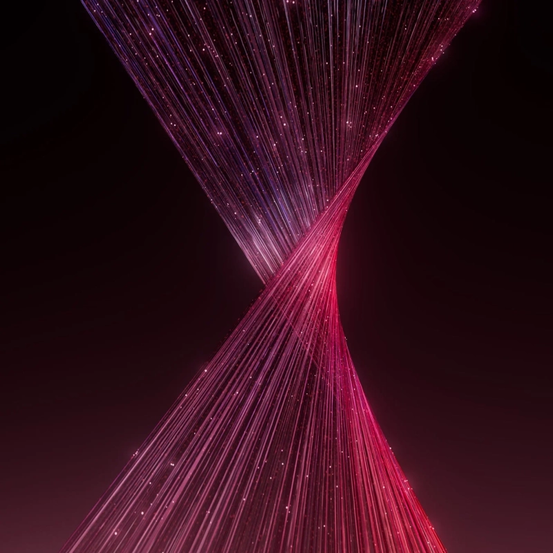 ピンクと紫の光の線が螺旋状にねじれながら輝く