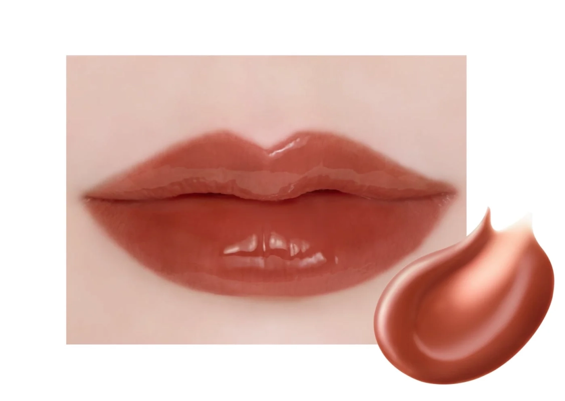 赤みブラウンのリップを塗った唇
