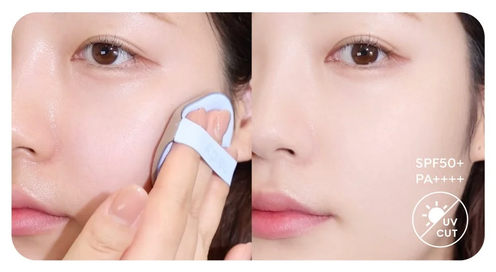 メイクの上からUVカットを塗布する様子