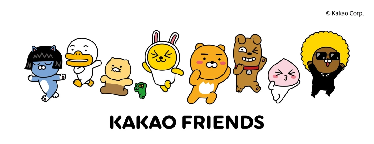 カカオフレンズの主要キャラクターたちが一列に並んでポーズをとっているイラスト