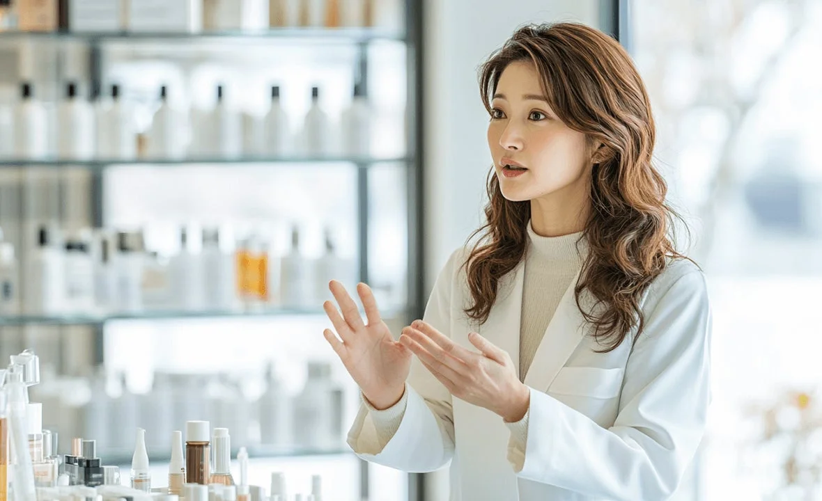 白衣の女性が美容製品を説明