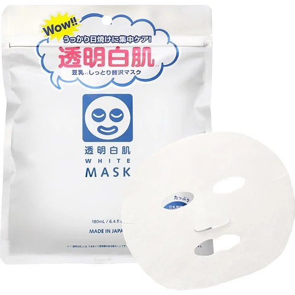 「透明白肌」の豆乳しっとり贅沢マスクのパッケージと、開封されたシートマスク