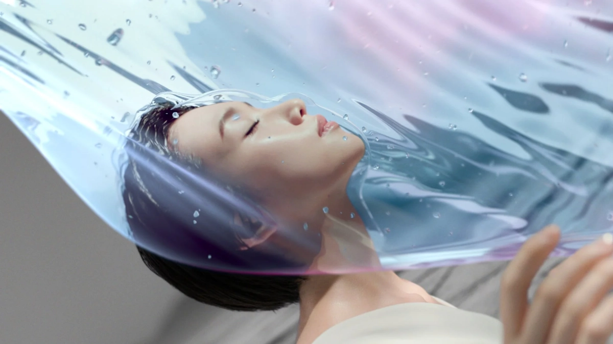 水のような膜の下で目を閉じる女性