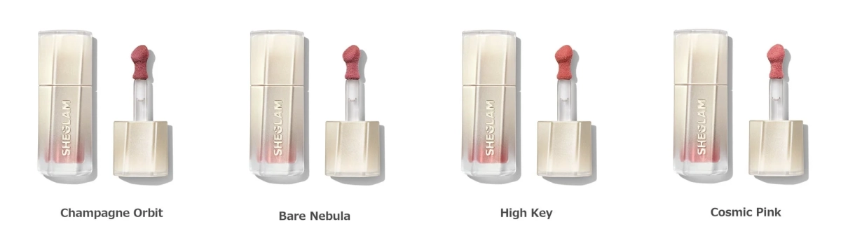 SHEGLAMのリキッドリップ製品が4種類、それぞれの色名とともに並べられています