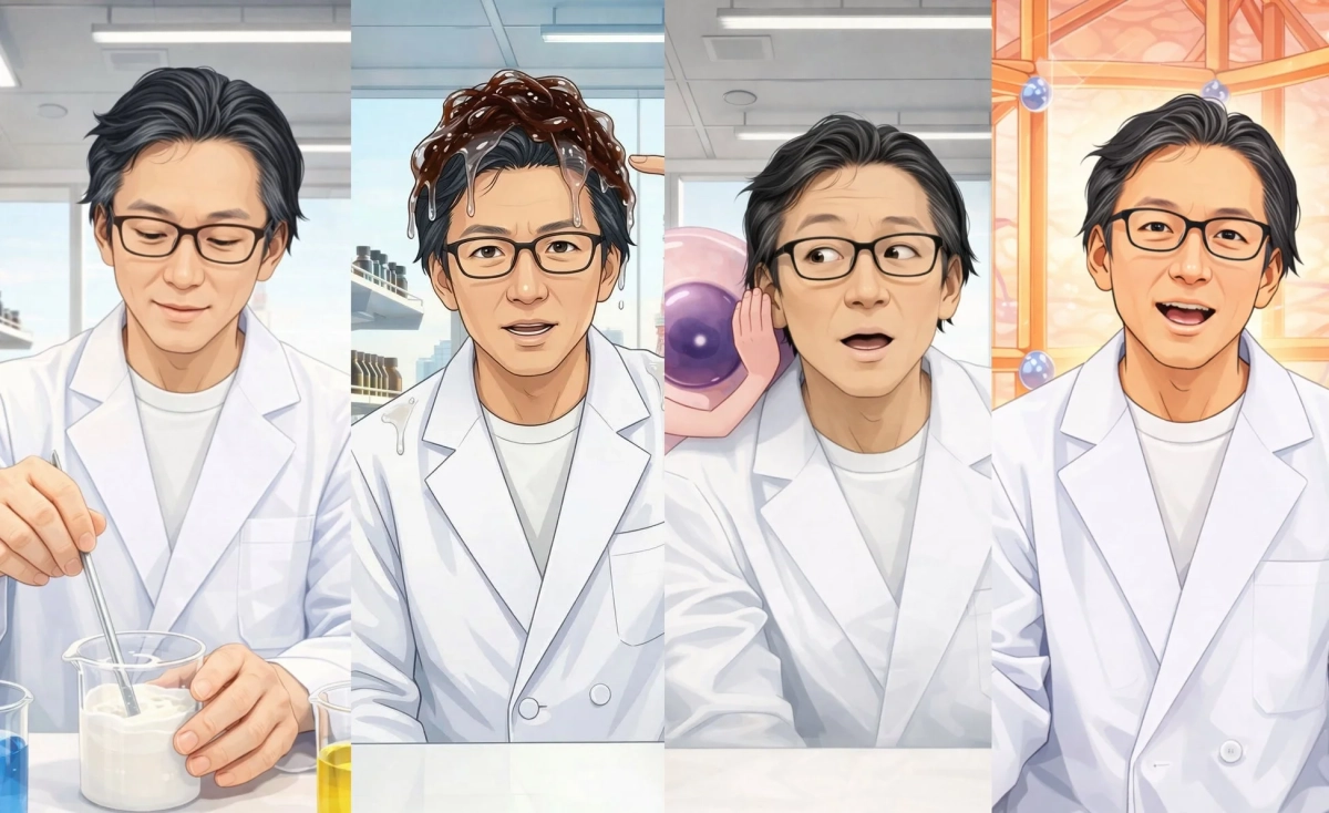 研究中の科学者が最終的に笑顔になるイラスト