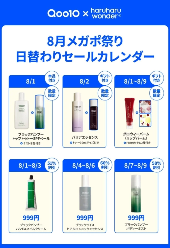 Qoo10 × haruharu wonder® 8月メガポ祭り 日替わりセールカレンダー