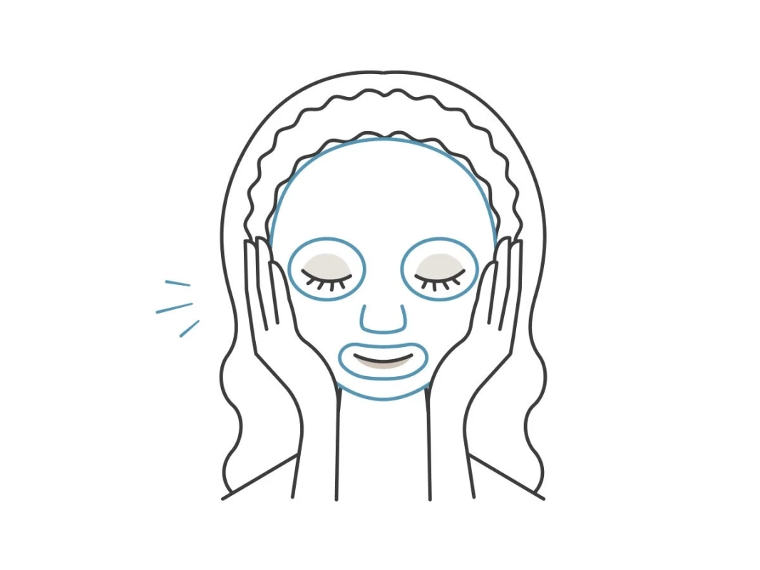 フェイスマスクを着用し、両手で頬を優しく押さえている女性のイラスト。