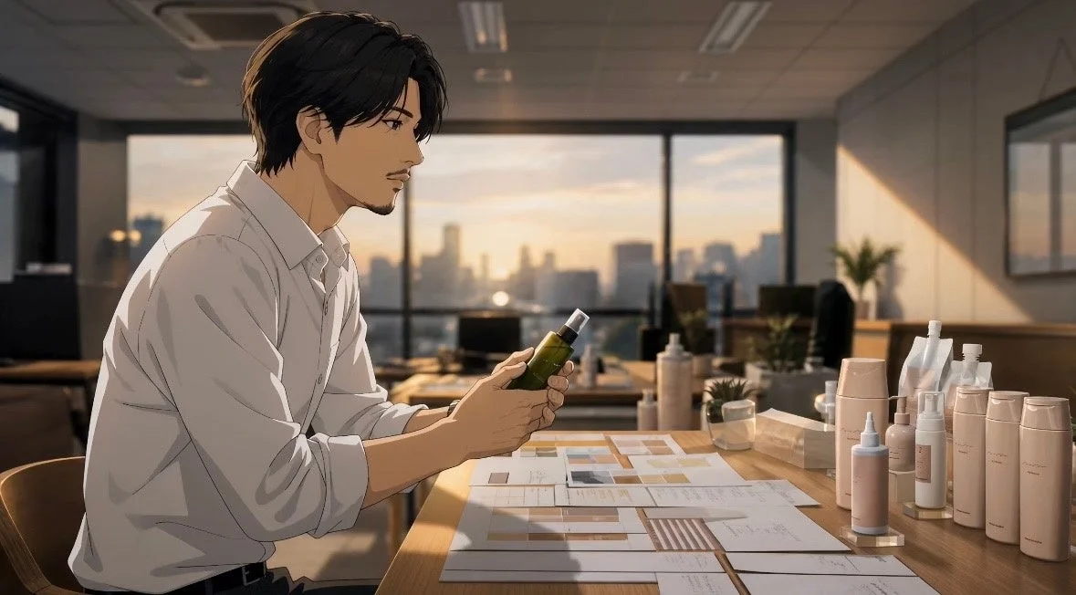 アニメ男性、オフィス、夕焼け、化粧品、製品開発