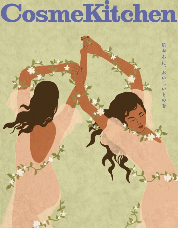淡い色のドレスをまとった二人の女性が花と蔓に包まれながら踊るイラスト
