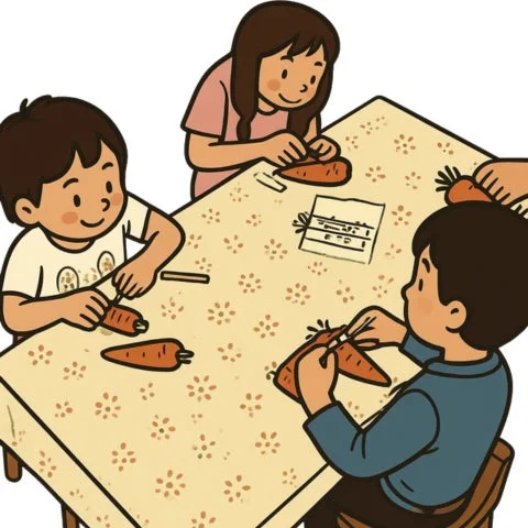 子供たちがニンジンを皮むきするイラスト