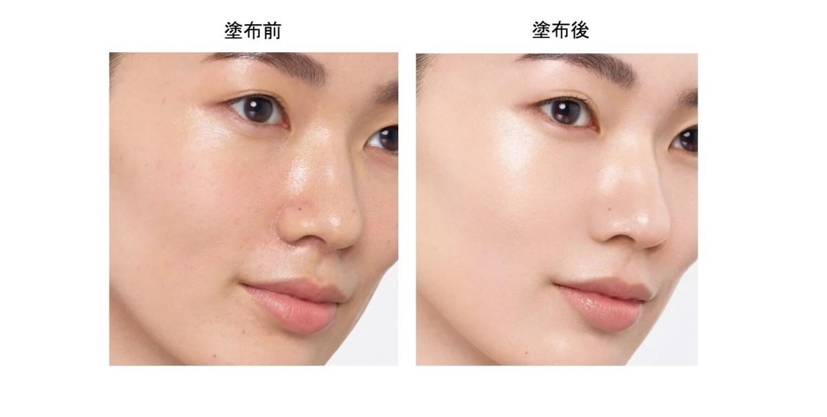 女性の顔のアップを映した画像で、製品塗布前と塗布後の肌の状態を比較